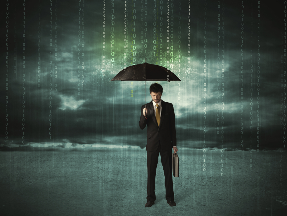 Business man standing with umbrella data protection concept on background